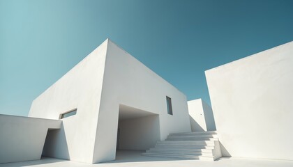 Fototapeta premium Minimalist white concrete architecture against clear blue sky. Modern museum building exterior with geometric shapes. Modern design, facade, urban environment, contemporary structure with shadow,