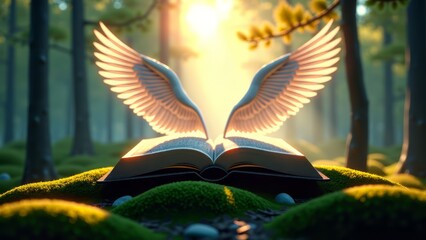 Winged book in forest, magical realism