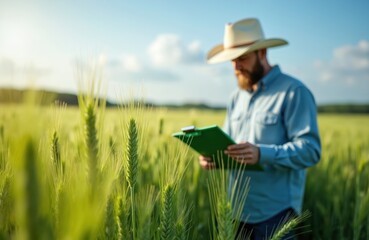 Farmer assesses wheat field. Sustainable farming practices, agricultural assessment in bright field. Man with clipboard, assessing crop quality, production, eco-friendly agriculture, using tech.