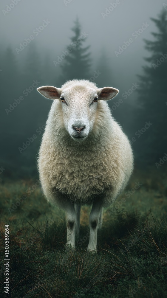 Poster sheep standing in a foggy forest setting at dawn