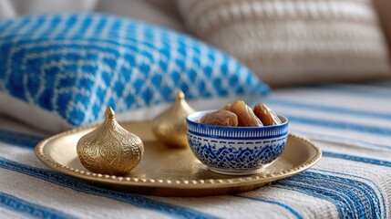 islamic interior design, islamic interior adorned with crescent moon ornaments, prayer rugs, and dates on a brass tray to mark the hijri new year beautifully
