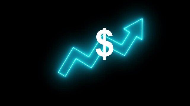 Money increases icon, dollar rate increase stretching arrow up icon .Glowing up arrow with dollar sign. Glowing neon line of dollar sign icon and up arrow isolated on transparent background