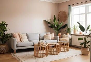 Scandinavian Living Room with Blush Wall and Plants Cozy Home Decor Neutral living space featuring soft blush tones, indoor plants, and organic textures. Ideal for lifestyle visuals