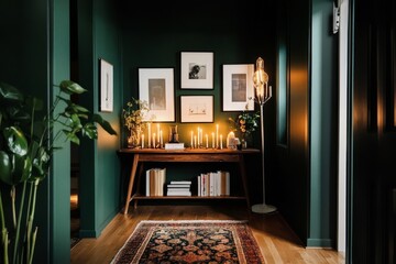 Cozy Indoor Corner With Green Walls, Plants, and Warm Candlelight in a Stylish Living Space