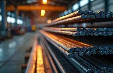 Close-up of stacked steel bars in warehouse. Shiny metal surface, industrial environment with blurred background. Storage construction materials, building production.
