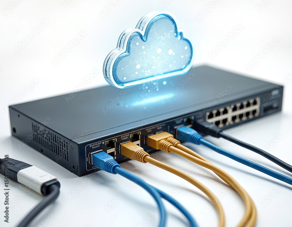 Poster network switch with ethernet cables connected. cloud computing concept, wireless connection. data tr