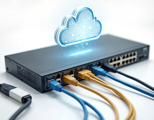 Network switch with ethernet cables connected. Cloud computing concept, wireless connection. Data transfer, internet, information technology. Technology, communication, networking, data center.