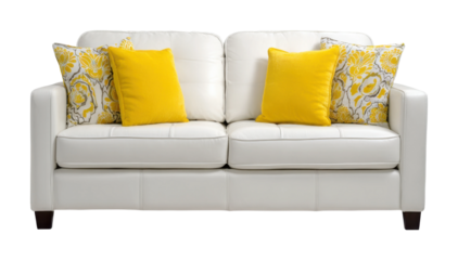 Cozy living room setup featuring stylish white sofa and yellow accents furniture modern isolated on transparent background