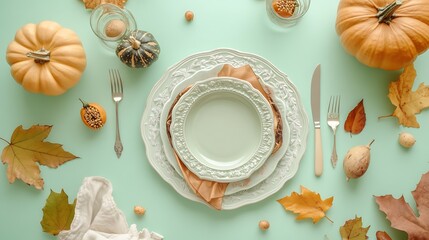Autumnal table setting on a mint green surface.