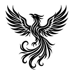 Obraz premium Vector Image of Phoenix Tribal Design: Mythology's Mystical Black Silhouette of a Mythical Bird in Ornate Illustration