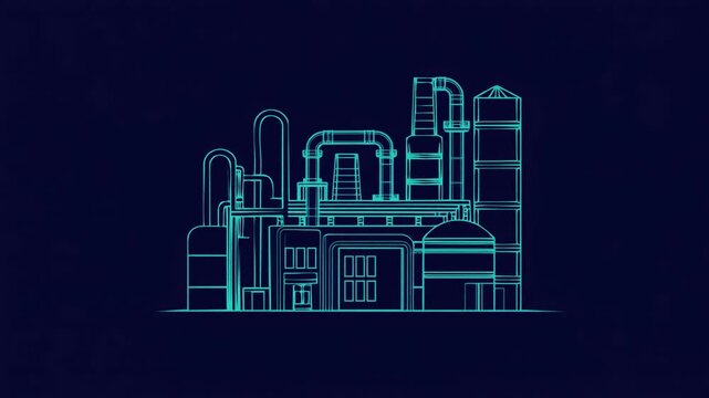 Dark illustration video of neon factory with pipes; chimneys and industrial objects; buildings.	