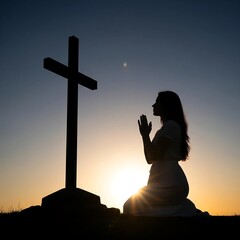 Woman Praying To God's Light. Silhouette Of A Man Kneeling In Prayer