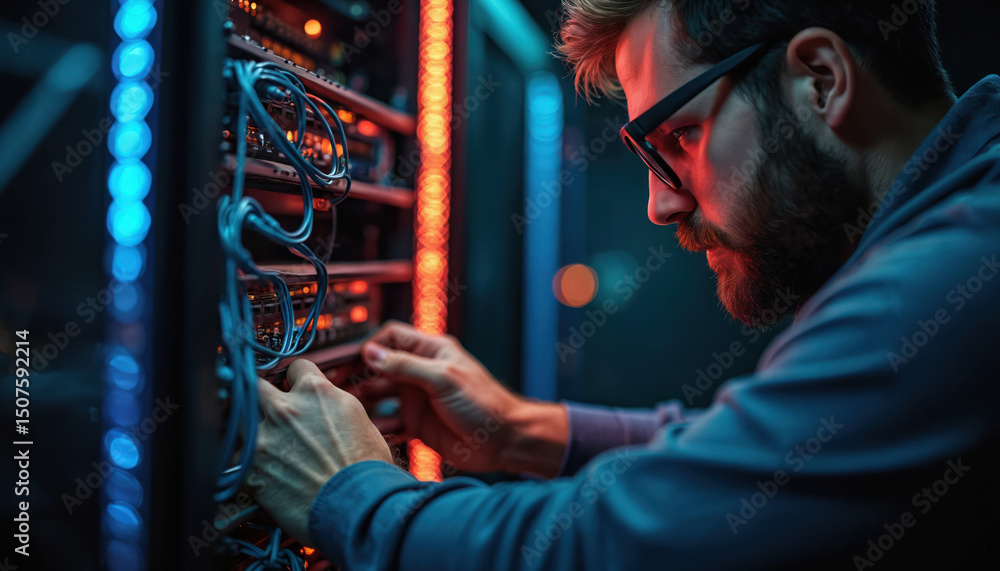 Poster technician works server in datacenter. male engineer with glasses near control panel. digital securi