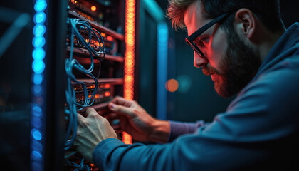 Technician works server in Datacenter. Male engineer with glasses near control panel. Digital security specialist monitors network. Information technology tech in data center environment. Server room
