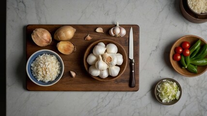 Top View Culinary Setup: Fresh Garlic, Onions, Vegetables, Great for Recipe Sites.
