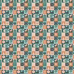 Mid-Century Kitchen Motif Grid seamless pattern