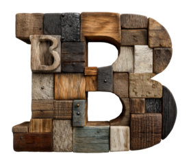 Creative wooden letter b design arts and crafts visual rustic environment view isolated on transparent background