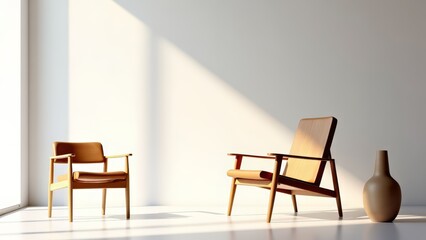 Minimalist wooden chairs in sunlight interior