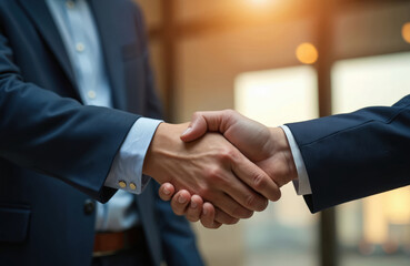 Business handshake, successful agreement, finishing meeting. Men in suits shake hands, deal complete. Trust, partnership, respect, collaboration, corporate success. Pro business meeting.