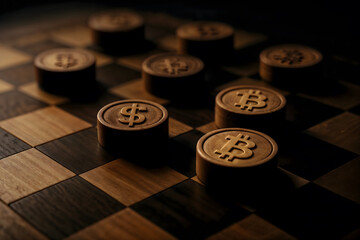 Tablero de ajedrez con piezas blancas y negras con logotipos financiero, con un desenfoque artístico. La imagen representa estrategia y juego, ideal para proyectos sobre negocios o desafíos.