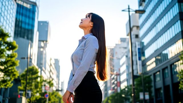 朝の光の中で空を見上げる日本人女性のビジネススタイル