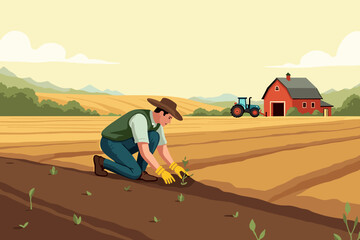 Farmer planting crops in a field with a tractor and barn in the background