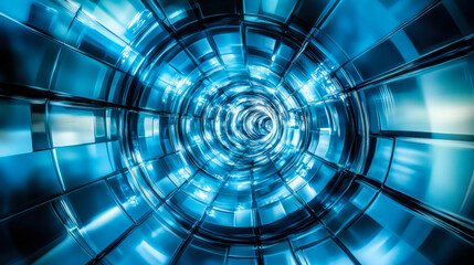 Spiral formation of blue glass patterns creates a mesmerizing visual effect inside a modern architectural structure