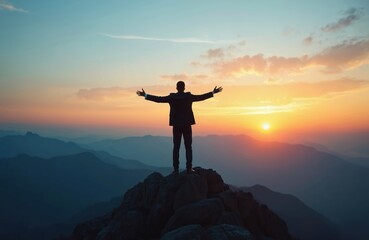 Obraz premium Businessman silhouette stands mountain top at sunset. Open arms, triumph, success, freedom concept. Leadership achievement challenge, victory, career goal, business, teamwork, motivation, inspiration.