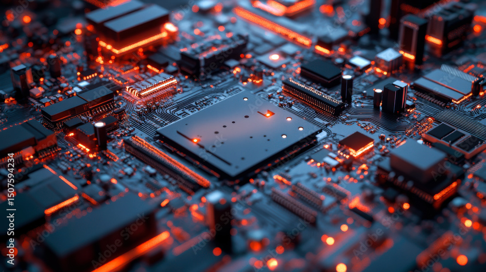 Poster close-up of a computer circuit board featuring intricate design and glowing elements, illustrating t