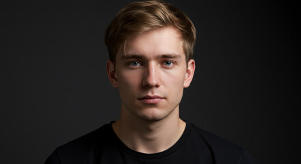 Fototapeta premium Focused Young Man in Studio Portrait with Serious Expression and Blue Eyes