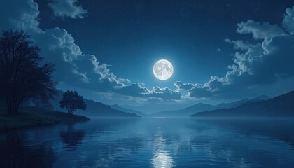 Romantic night landscape with full moon reflecting in tranquil lake. Silhouette of trees, mountains, sky, clouds, water mirroring lunar light. Dreamy atmosphere, relaxing peaceful scenery.
