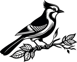 Detailed Black and White Silhouette of a Jay Perched on a Branch
