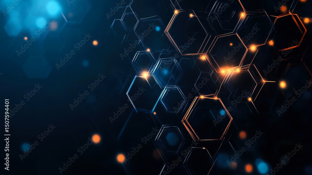Poster abstract representation of hexagonal shapes illuminated by glowing lights in a digital environment