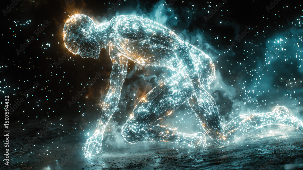 Poster digital representation of a luminous figure in motion, showcasing an abstract athletic form in a fut