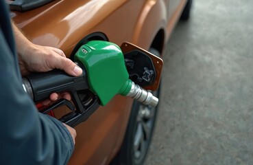 Hand holds green gas pump nozzle refilling bronze pickup truck at gas station. Man filling vehicle tank with gasoline. Petrol, diesel fuel refuel energy. Car, transport.