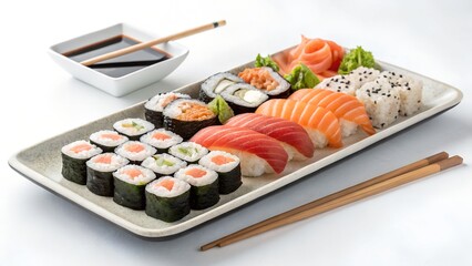 Assorted sushi platter with rolls sashimi nigiri soy sauce and chopsticks

