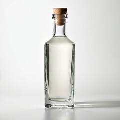 Elegant clear glass bottle with cork stopper on white background. Suitable for product presentation, mock-up with space for text. Perfect design for alcohol brands whiskey, brandy or liqueur.