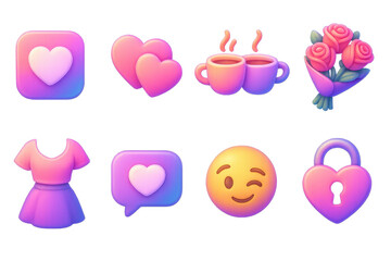 Dating icons set – 3d design, romantic and love-themed vector symbols