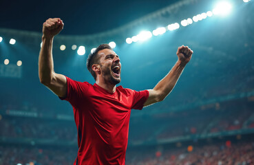Football player in red jersey celebrates goal at stadium. Athlete rejoices with arms raised. Success. Excitement, joy, team win. Victory emotion on face. Football game, sport event at arena.