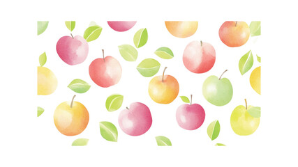 Watercolor Seamless Pattern of Colorful Apples and Leaves on Transparent Background