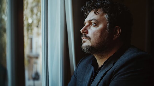 Man looking out window