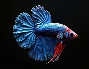 Fototapeta premium Super blue half moon Siamese fighting fish isolated on black backdrop. Betta splendens with blue fins, red gills. Exotic pet in aquarium, isolated. Close up, no people, domestic pet, dragon.