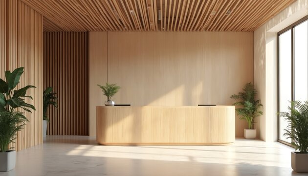 Modern minimalist reception area design. Wooden features, natural light create inviting atmosphere. Clean, sleek interior decor with desk counter. Calm, serene space for office lobby waiting room.