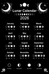 Moon calendar 2026 and Moon Phases. Lunar phases schedule and cycles, poster template design printable in black and white color, wiccan style vector illustration isolated on black background