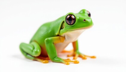 Naklejka premium Single bright green frog on pure white backdrop, macro, bright