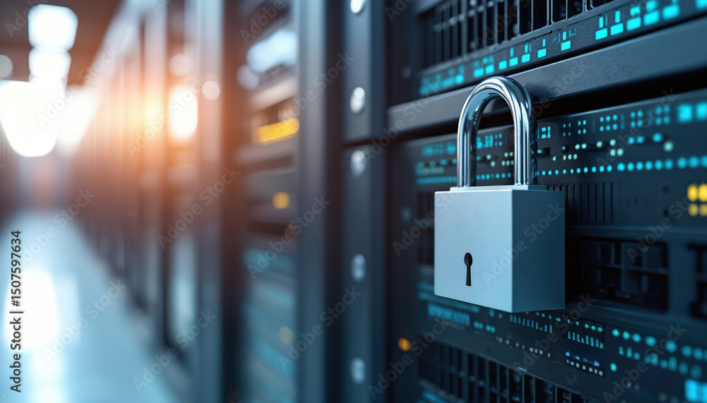 Poster server room data security with locked padlock. concept digital data protection. secure modern data c