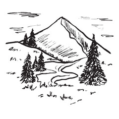 A mountain landscape with a prominent peak, evergreen trees in black brush stroke texture isolated on white. Hand drawn vector sketch illustration in vintage charcoal ink. Recreation, travel