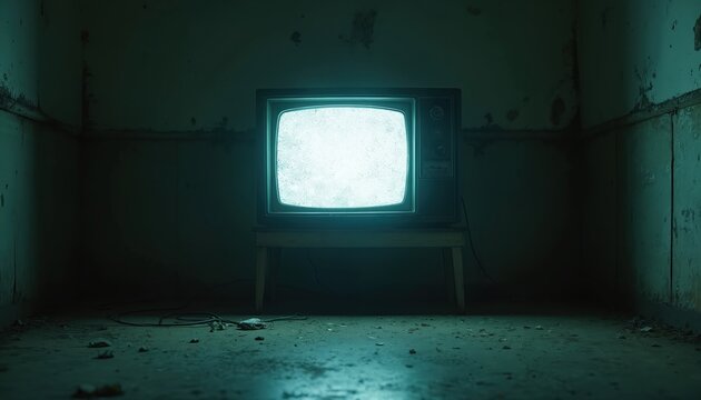 Old TV monitor shines in a dark room. Static on the screen. Abandoned building interior. Empty space, wall, floor, wire. Retro tech, nostalgia, vintage aesthetics. Mysterious atmosphere.