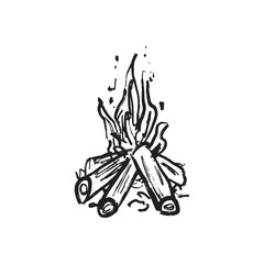 A campfire with logs with flames and smoke in black brush stroke texture isolated on white. Hand drawn vector sketch illustration in vintage charcoal ink. Cooking camping. Greeting card, symbol design