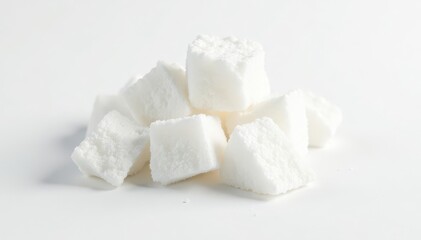 Lumps of refined white sugar against pure white backdrop, sweet, studio shot